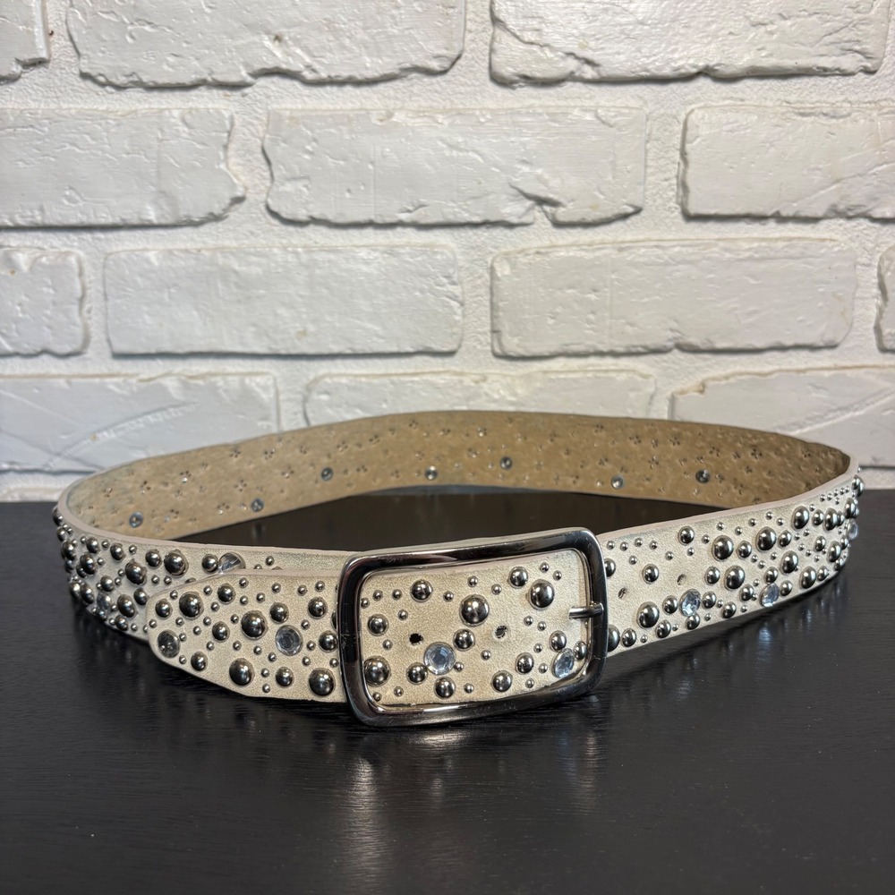 Y2K Cream Leather Rhinestone Studded Wide Belt Silver Western Statement Medium